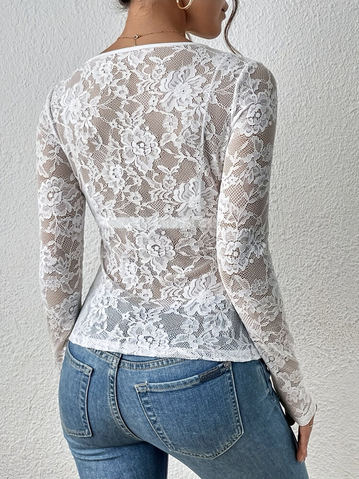 Nora - Lace Bodysuit Top with Scalloped V-Neck and Sheer Long Sleeves