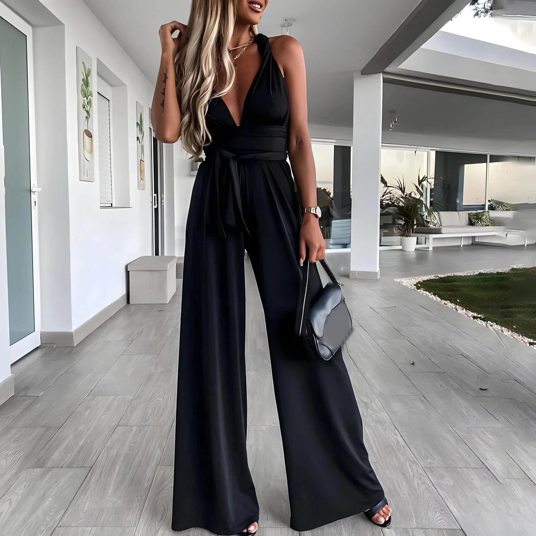 Norelle - Plunge Halter Jumpsuit with Waist Tie Detail