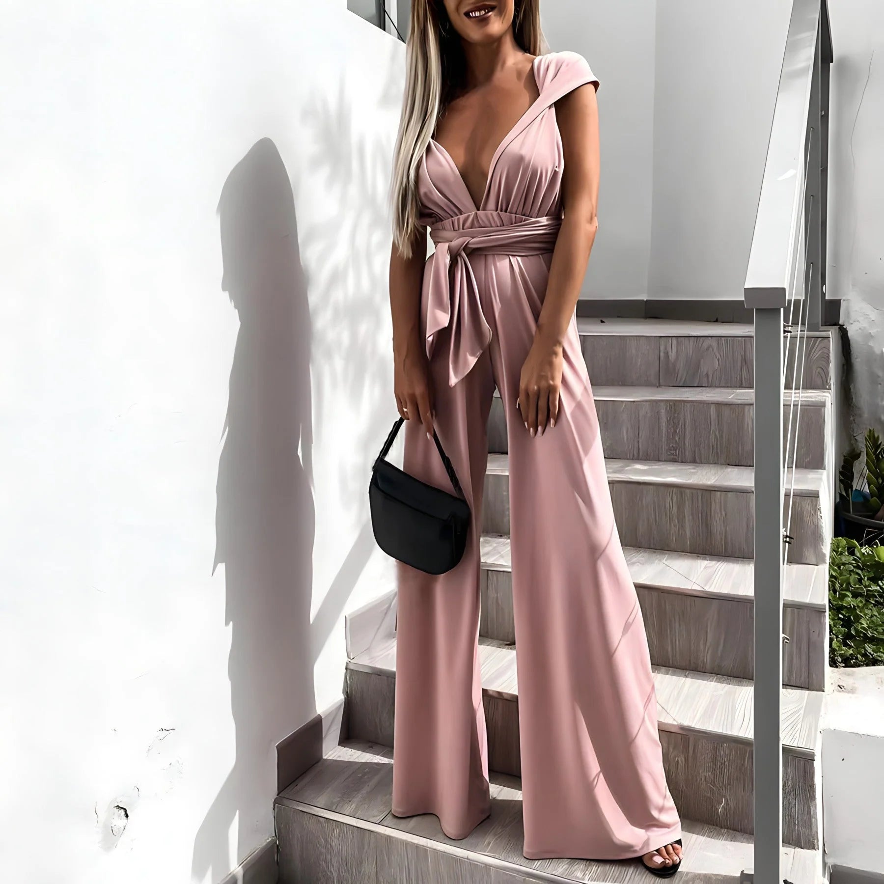 Norelle - Plunge Halter Jumpsuit with Waist Tie Detail