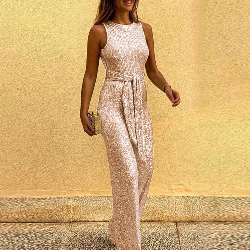 Nyelle – Sequin Gown with Sleeveless Cut and Belted Waist