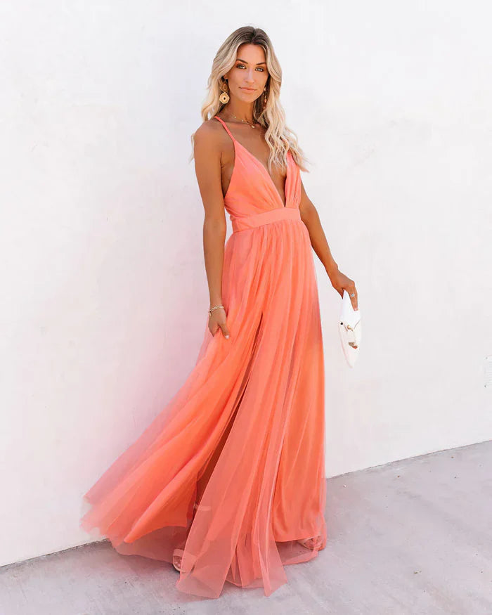 Odette - Tulle Maxi Dress with Deep V-Neck and Adjustable Straps