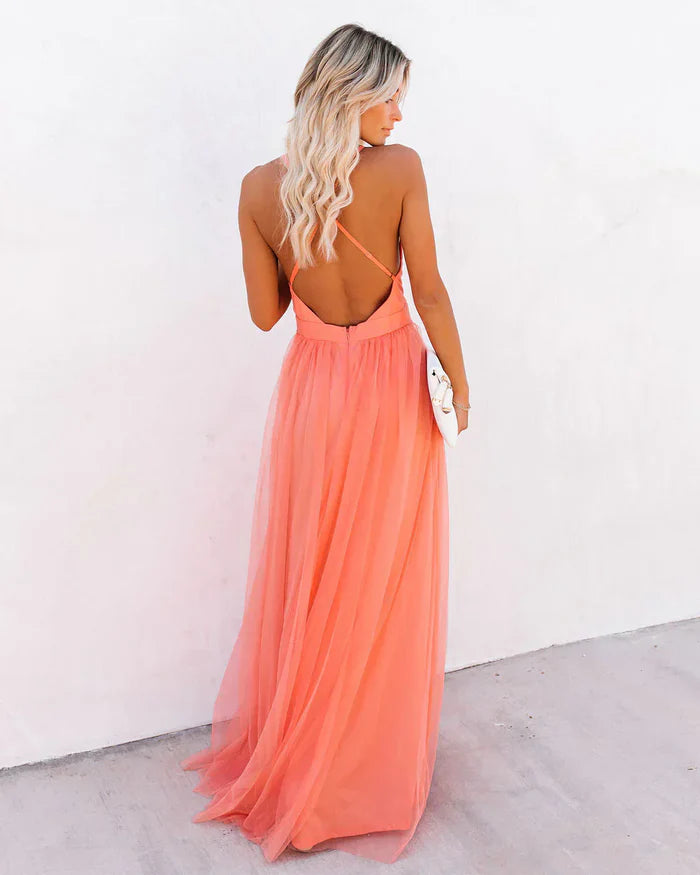 Odette - Tulle Maxi Dress with Deep V-Neck and Adjustable Straps