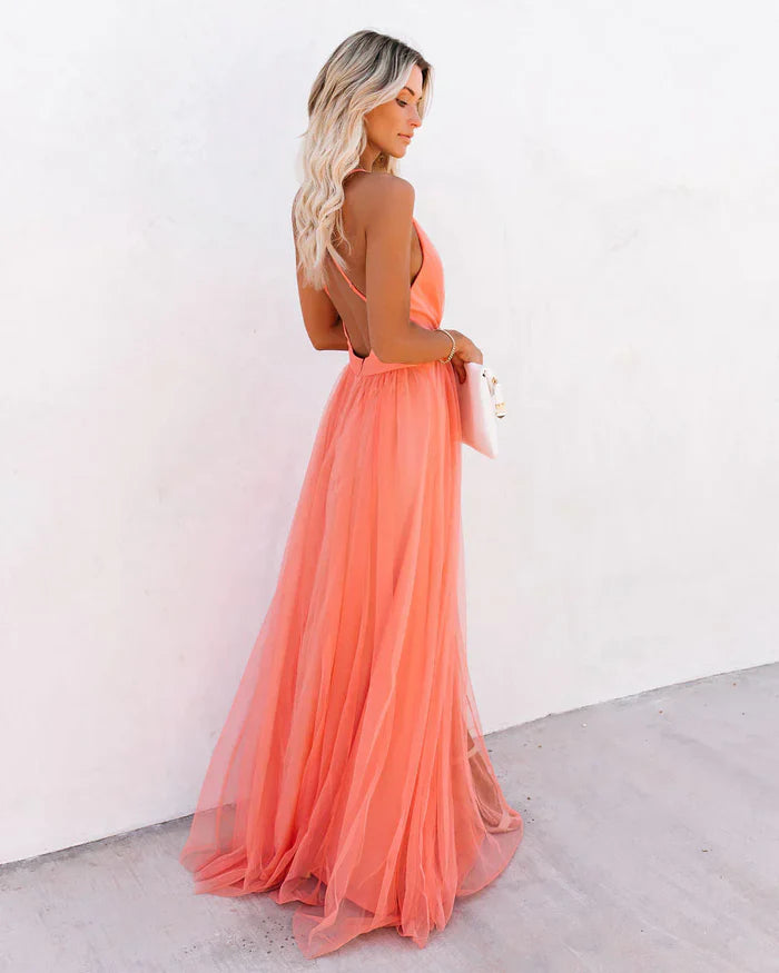 Odette - Tulle Maxi Dress with Deep V-Neck and Adjustable Straps