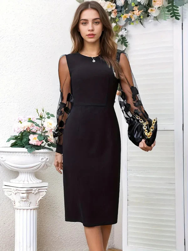 Roxanne – Sheer Sleeve Midi Dress with Floral Embroidered Mesh Arms