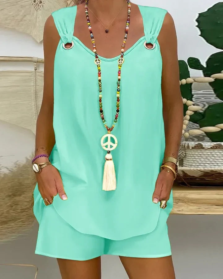 Sienna - Sleeveless Casual Romper with Grommet Strap Detail