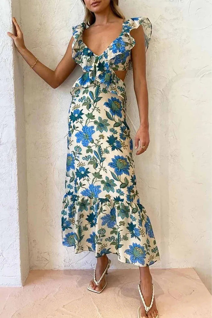 Soleil – Flowy Floral Maxi Dress with V-Neckline and Cascading Ruffles