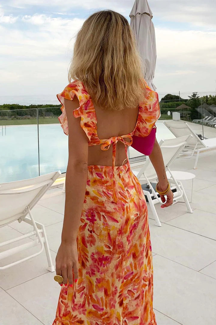 Soleil – Flowy Floral Maxi Dress with V-Neckline and Cascading Ruffles