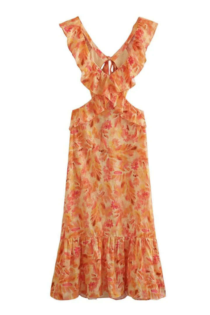 Soleil – Flowy Floral Maxi Dress with V-Neckline and Cascading Ruffles