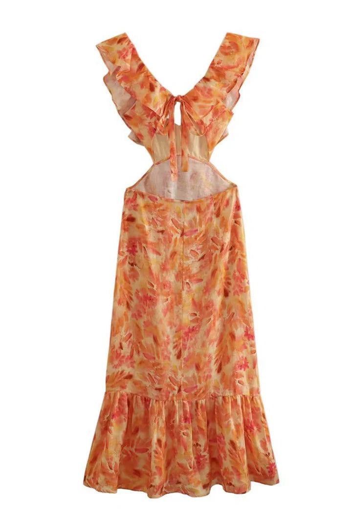 Soleil – Flowy Floral Maxi Dress with V-Neckline and Cascading Ruffles