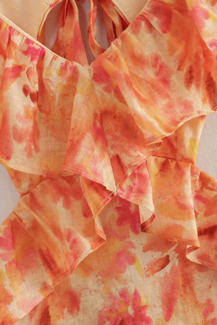 Soleil – Flowy Floral Maxi Dress with V-Neckline and Cascading Ruffles