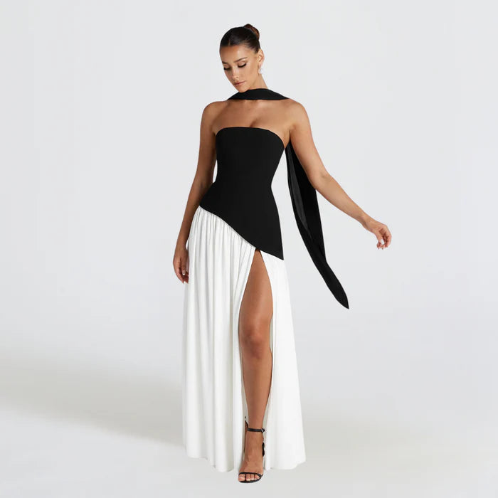 Solène – Strapless Maxi Dress with High Slit and Draped Waist Panel
