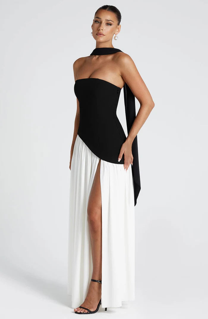 Solène – Strapless Maxi Dress with High Slit and Draped Waist Panel
