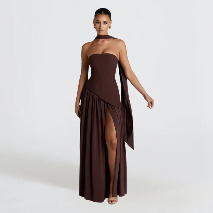 Solène – Strapless Maxi Dress with High Slit and Draped Waist Panel