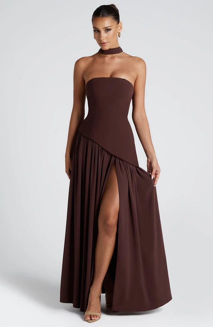 Solène – Strapless Maxi Dress with High Slit and Draped Waist Panel