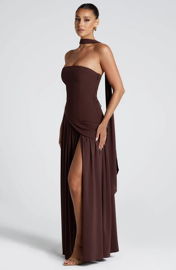 Solène – Strapless Maxi Dress with High Slit and Draped Waist Panel