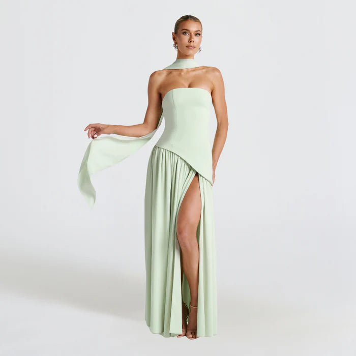 Solène – Strapless Maxi Dress with High Slit and Draped Waist Panel