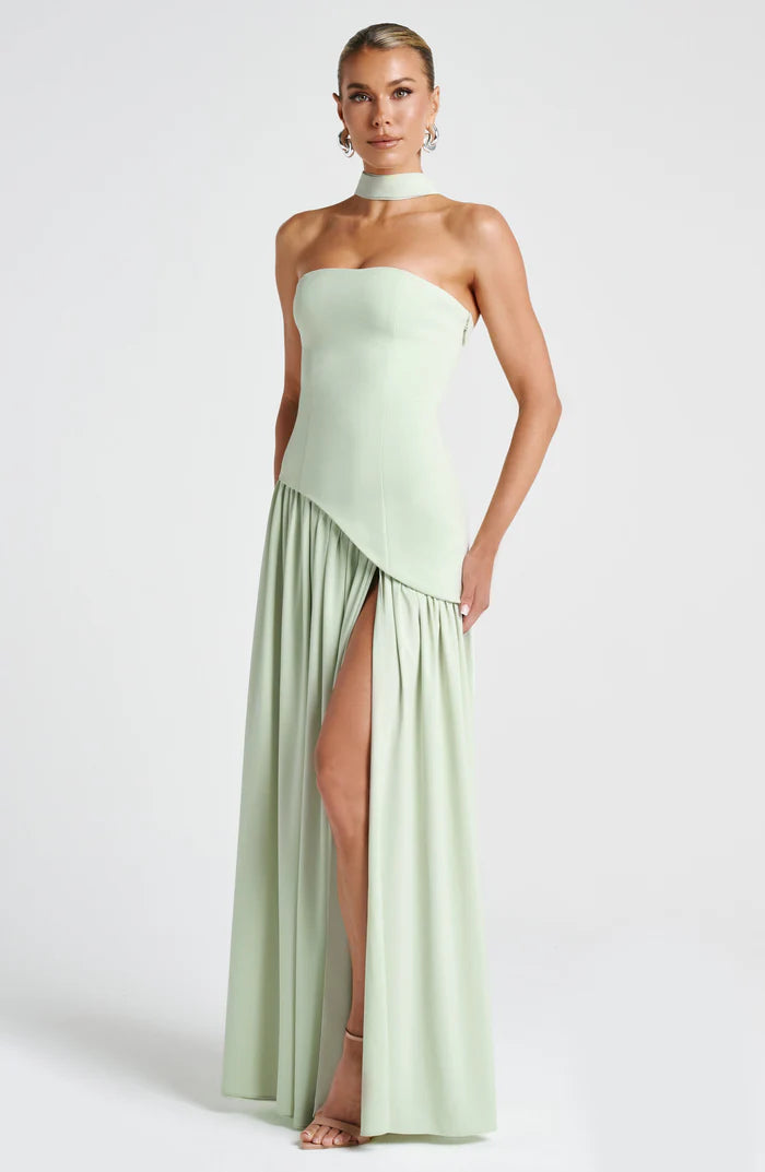 Solène – Strapless Maxi Dress with High Slit and Draped Waist Panel