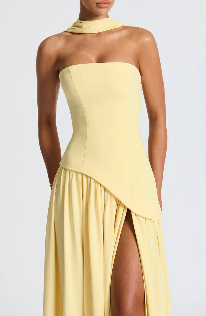 Solène – Strapless Maxi Dress with High Slit and Draped Waist Panel