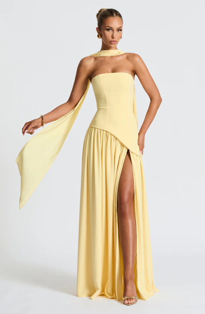 Solène – Strapless Maxi Dress with High Slit and Draped Waist Panel