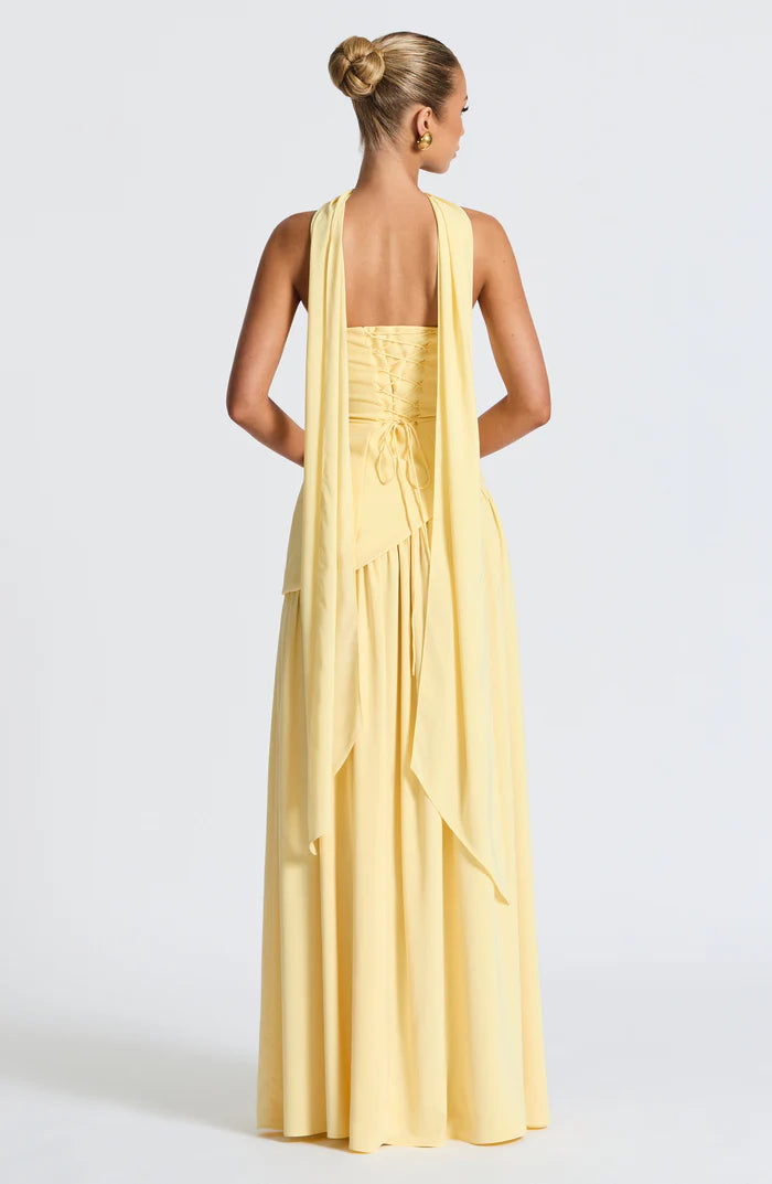 Solène – Strapless Maxi Dress with High Slit and Draped Waist Panel