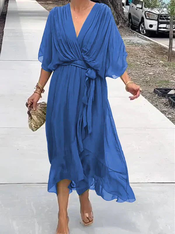 Thalia – Sheer Overlay Midi Dress with Soft Drape and Flattering Waist Cinch