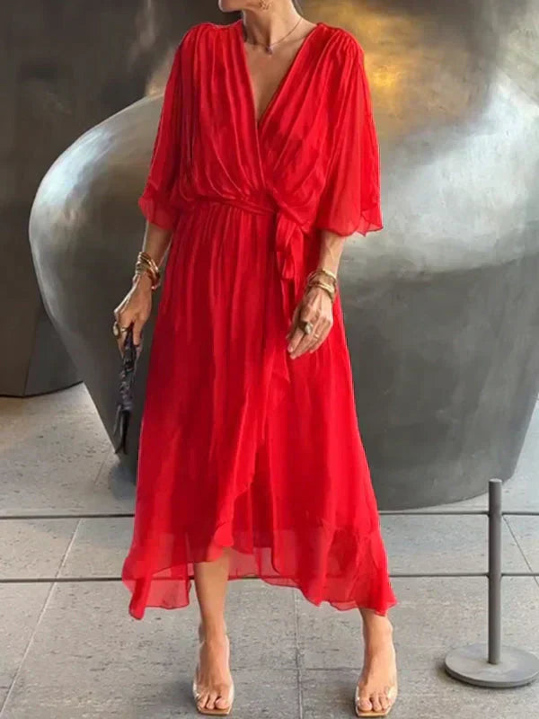 Thalia – Sheer Overlay Midi Dress with Soft Drape and Flattering Waist Cinch