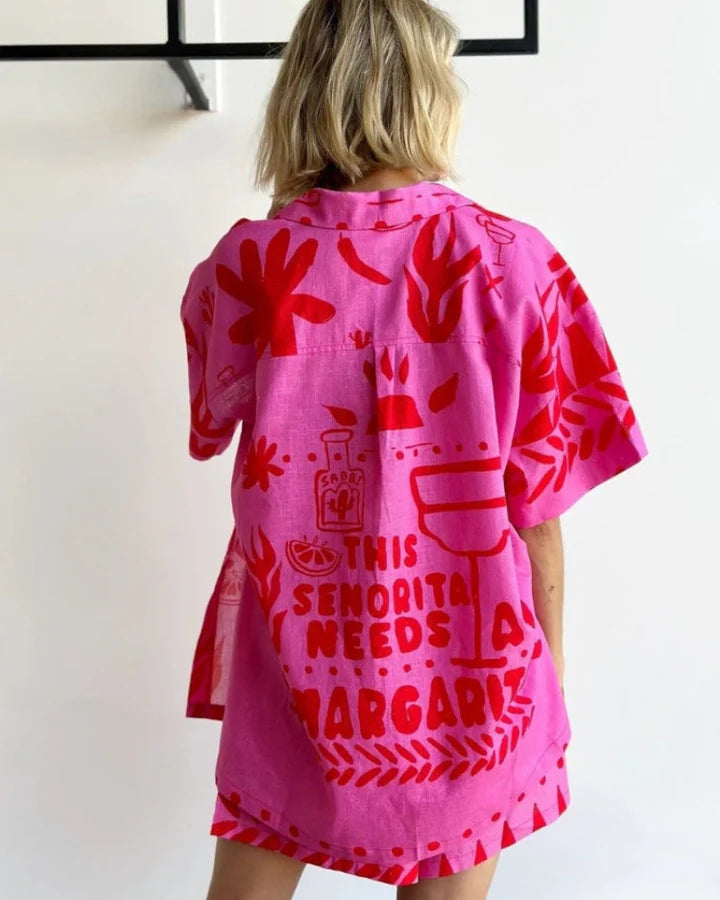 Thea - Oversized Button-Up Shirt and Shorts Set with Bold Graphic Print