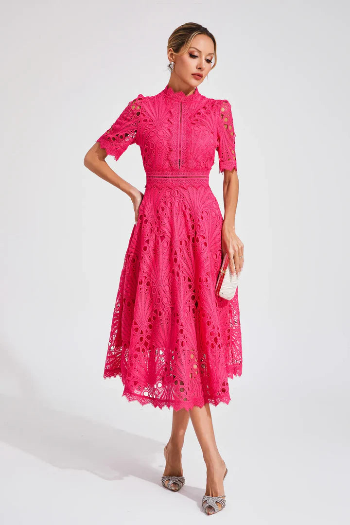 Valentina – Lace Midi Dress with High Neck and A-Line Silhouette