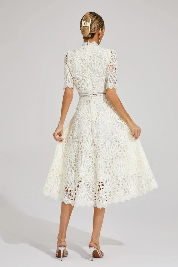 Valentina – Lace Midi Dress with High Neck and A-Line Silhouette