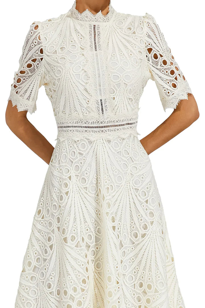 Valentina – Lace Midi Dress with High Neck and A-Line Silhouette
