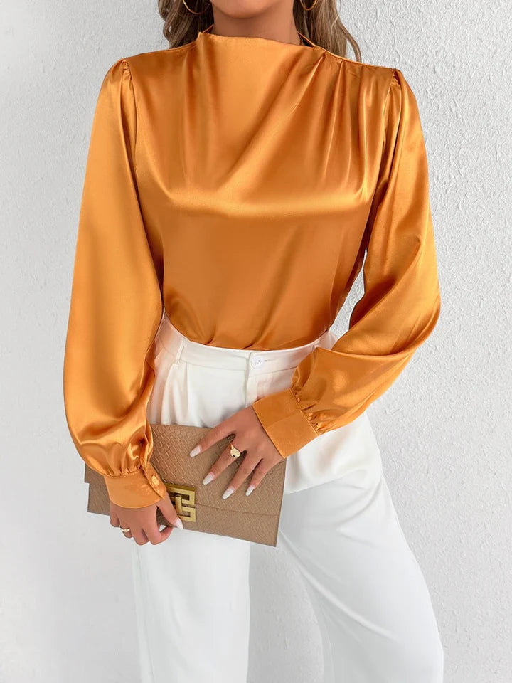 Selene – Blouse with High Neckline and Elegant Cuffed Sleeves