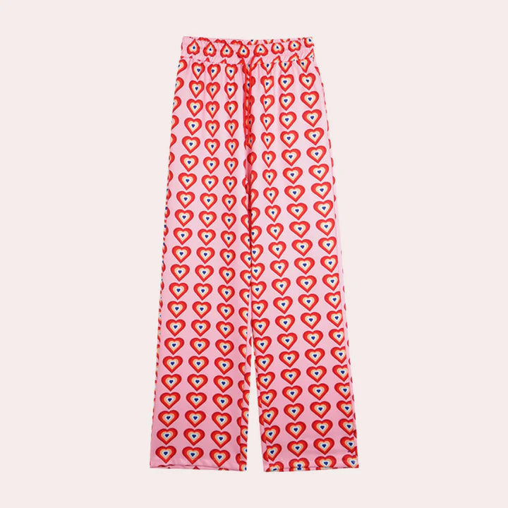 Vanessa - Wide Leg Trousers with Retro Heart Print and Elastic Waist