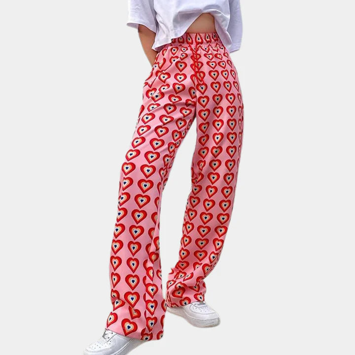 Vanessa - Wide Leg Trousers with Retro Heart Print and Elastic Waist