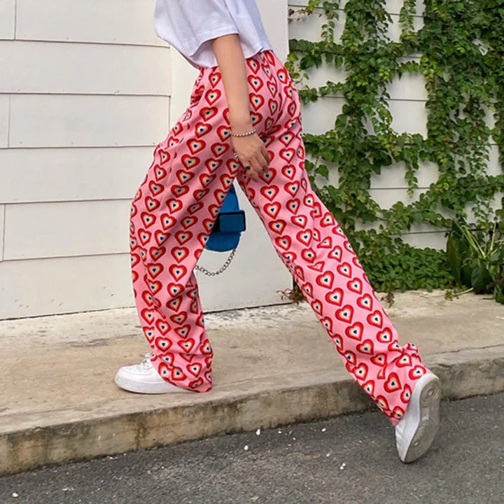 Vanessa - Wide Leg Trousers with Retro Heart Print and Elastic Waist