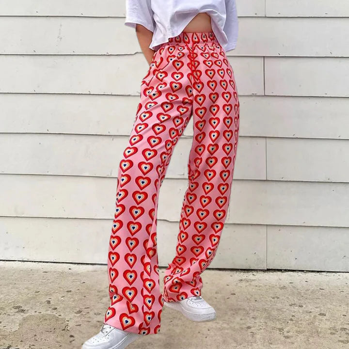 Vanessa - Wide Leg Trousers with Retro Heart Print and Elastic Waist