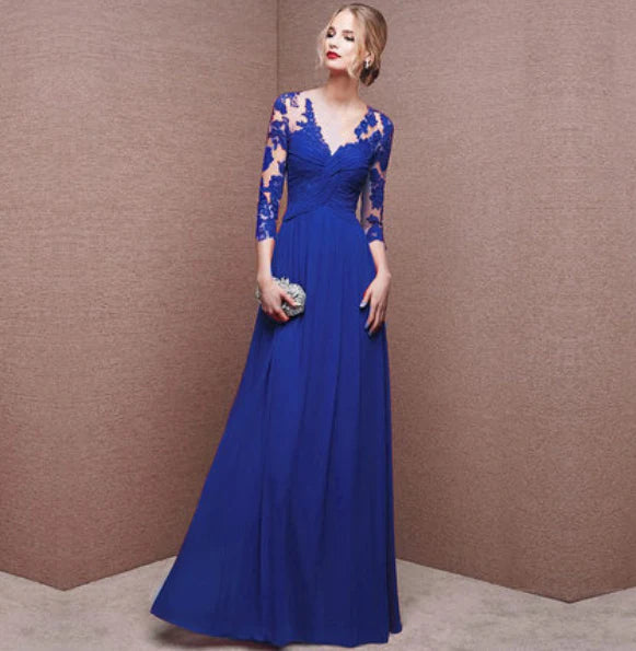Victoria - Elegant Maxi Dress with Sheer Lace Bodice and Ruched Waist