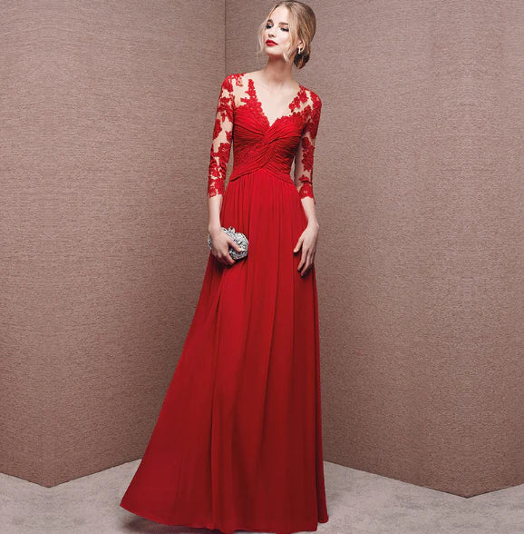 Victoria - Elegant Maxi Dress with Sheer Lace Bodice and Ruched Waist