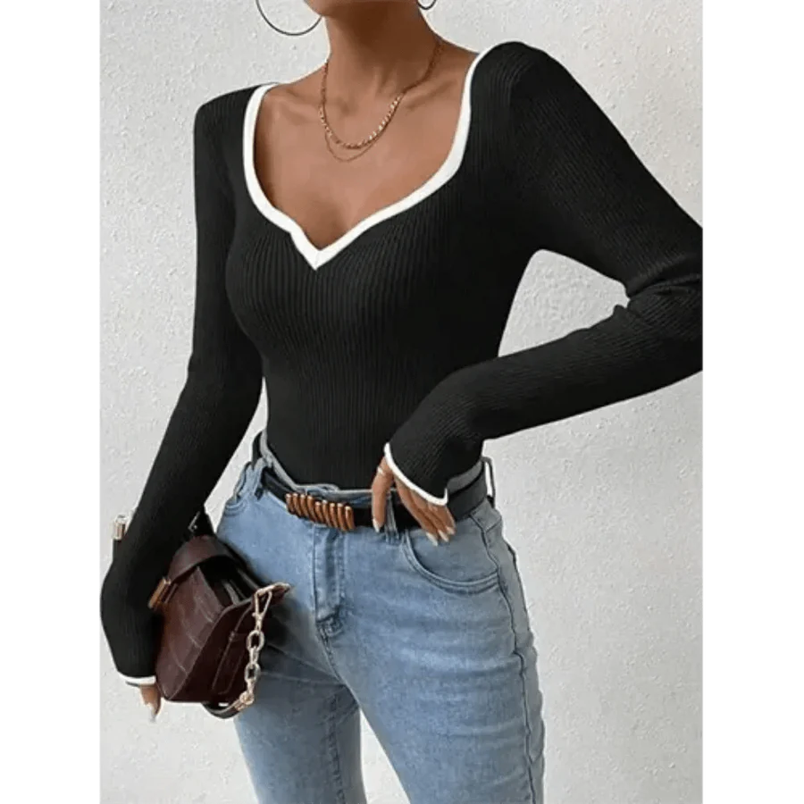 Ysabel – Ribbed Long Sleeve Top with Deep V-Neckline and Contrast Trim