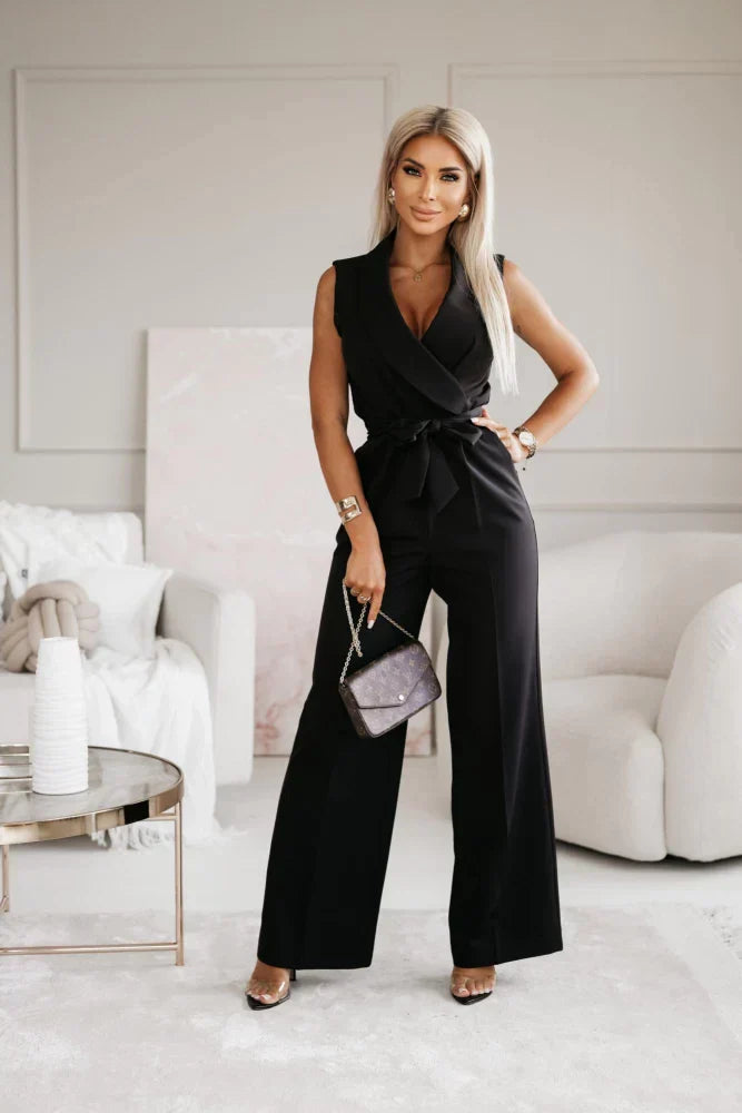 Zerina - Wrap Jumpsuit with Deep V-Neck and Structured Shoulders