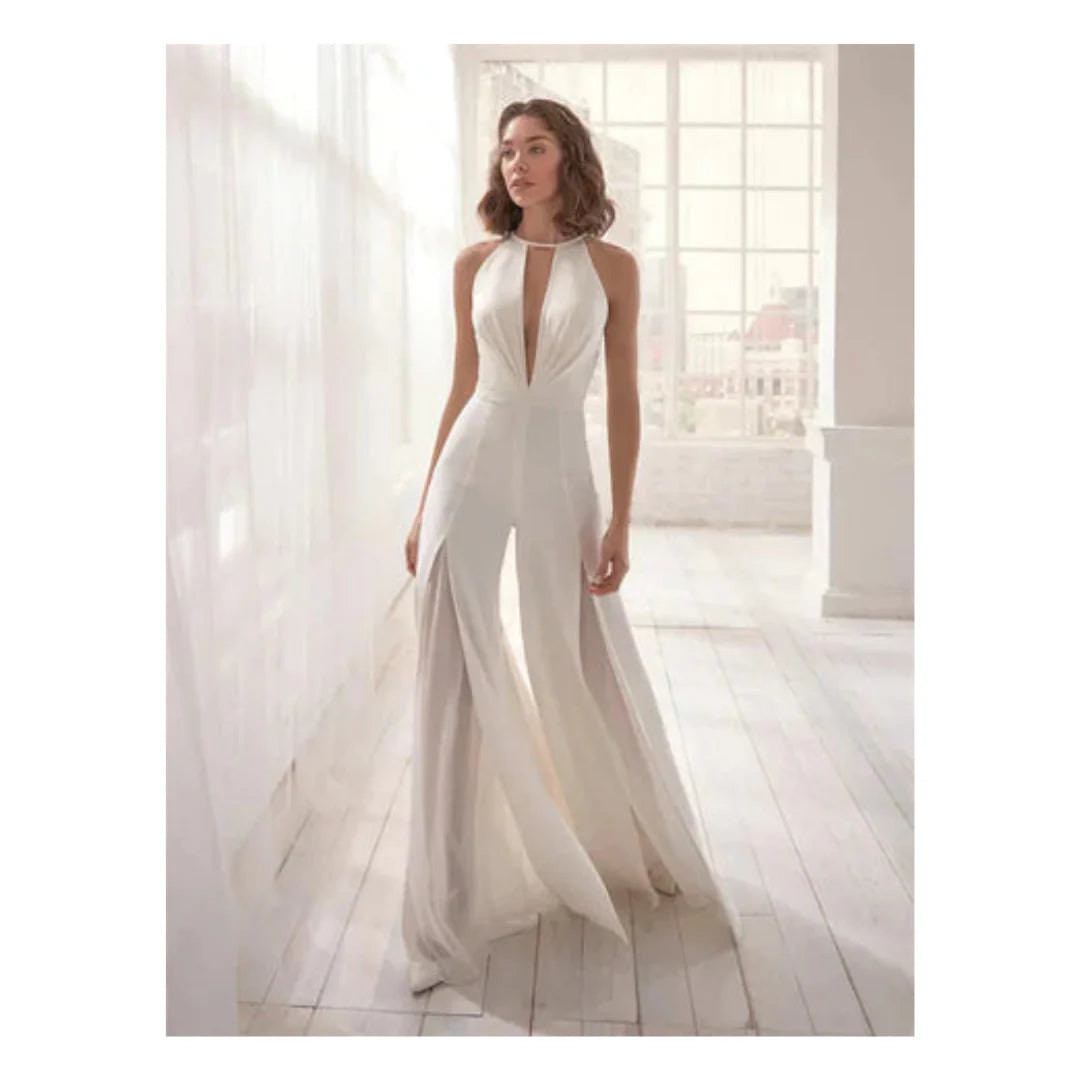 Alira - Halter Neck Bridal Jumpsuit with Flowing Split Legs