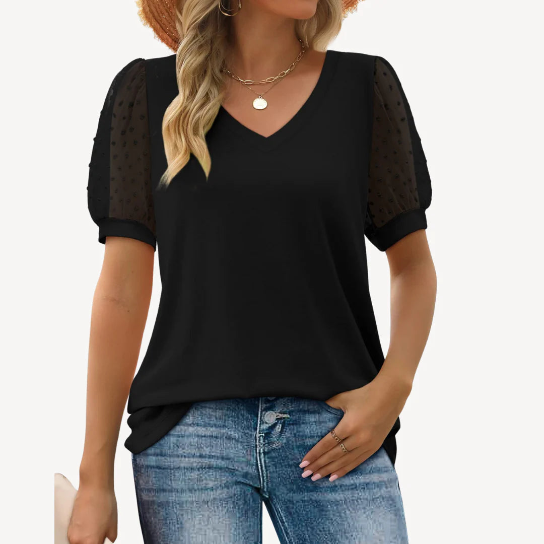 Lira - V-Neck Blouse with Sheer Puff Sleeves and Textured Dots