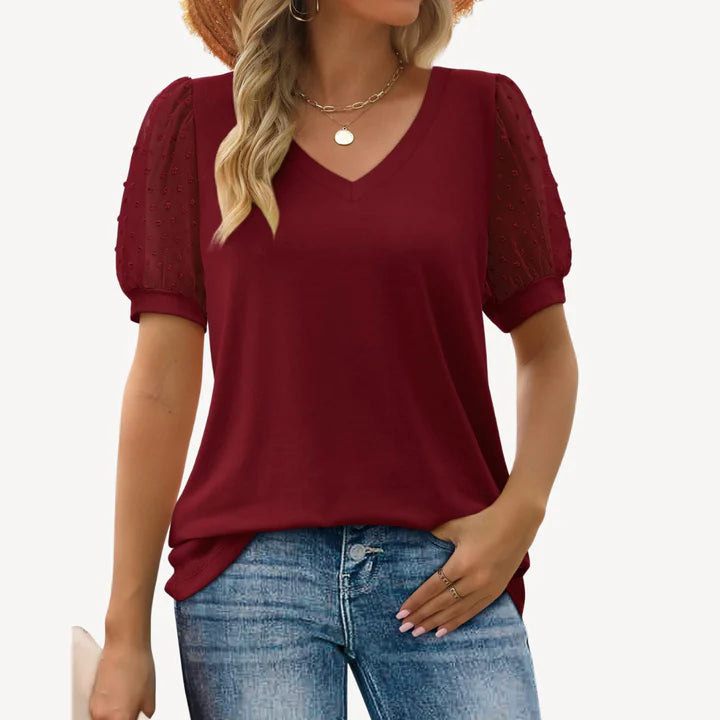 Lira - V-Neck Blouse with Sheer Puff Sleeves and Textured Dots