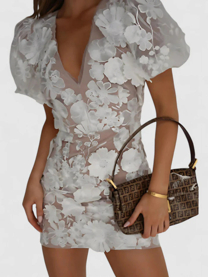 Amelia – Mini Dress with 3D Floral Embroidery and Puff Sleeves