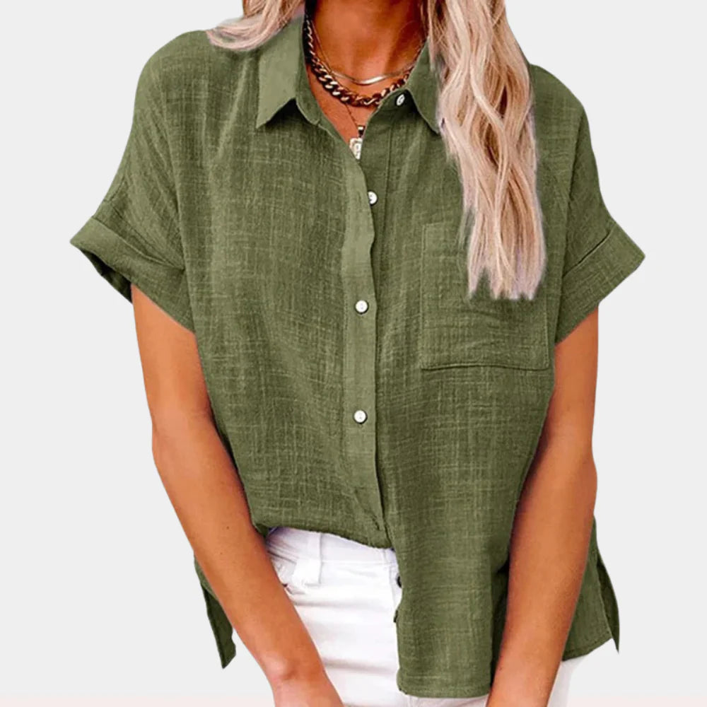 Amelie - Short Sleeve Button-Up Shirt with Relaxed Fit and Chest Pocket