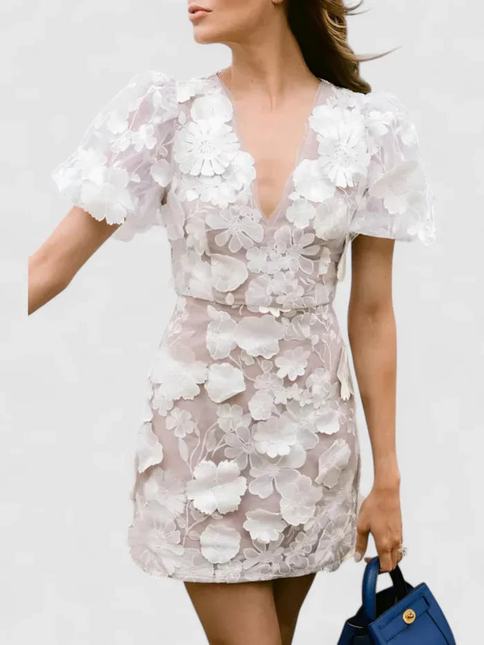 Amelia – Mini Dress with 3D Floral Embroidery and Puff Sleeves