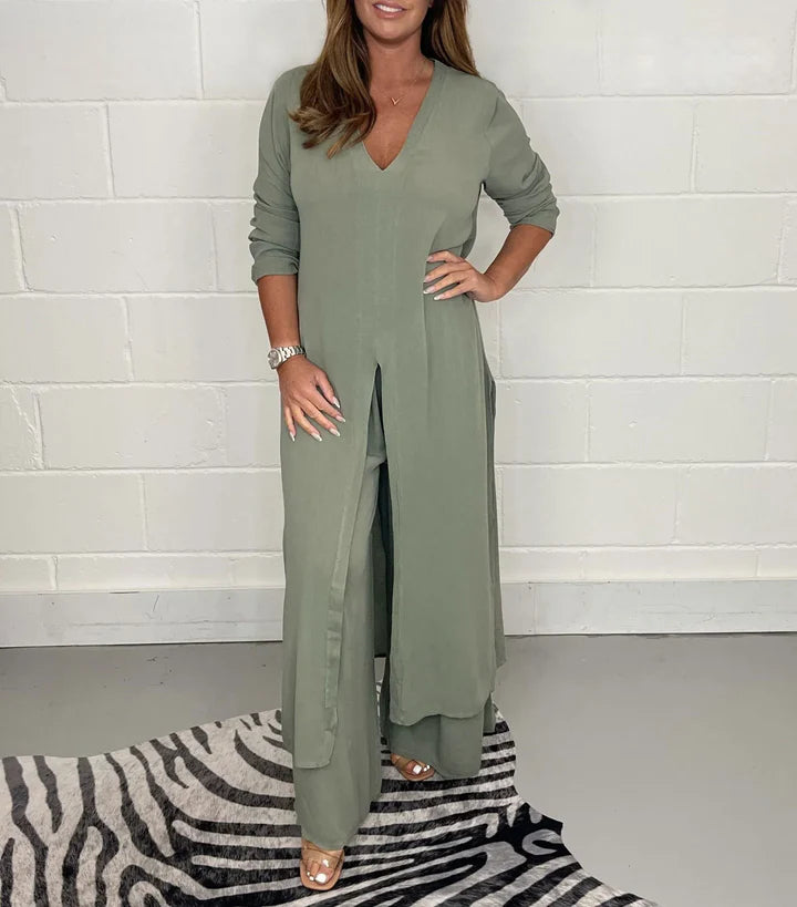 Ariana - Two-Piece Longline Tunic Set with V-Neck and Wide-Leg Trousers