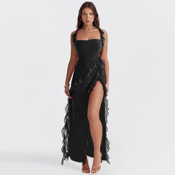 Ariela - Ruffle Trim Maxi Dress with High Slit and Square Neckline