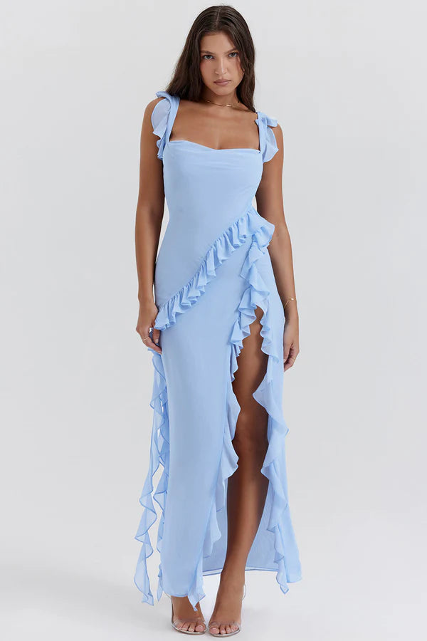 Ariela - Ruffle Trim Maxi Dress with High Slit and Square Neckline