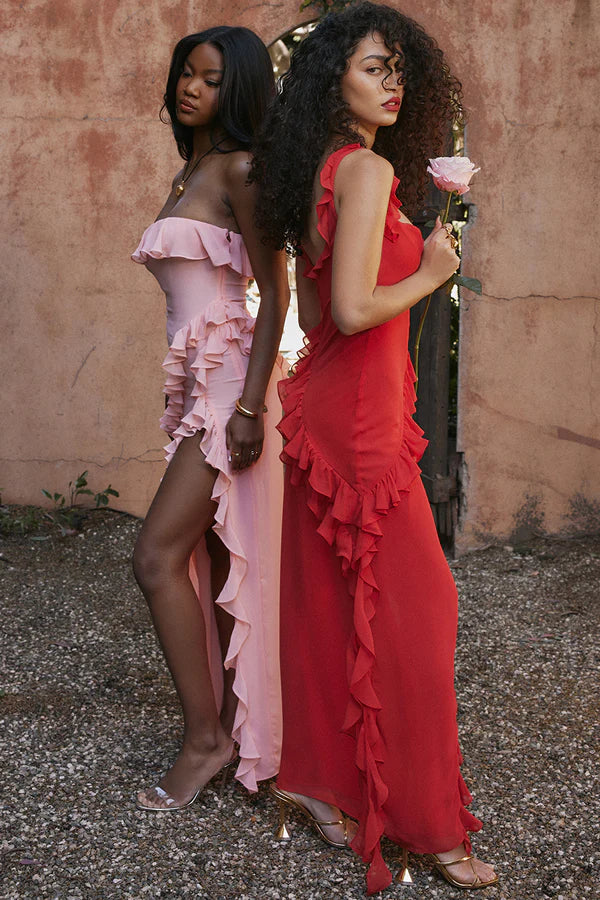 Ariela - Ruffle Trim Maxi Dress with High Slit and Square Neckline