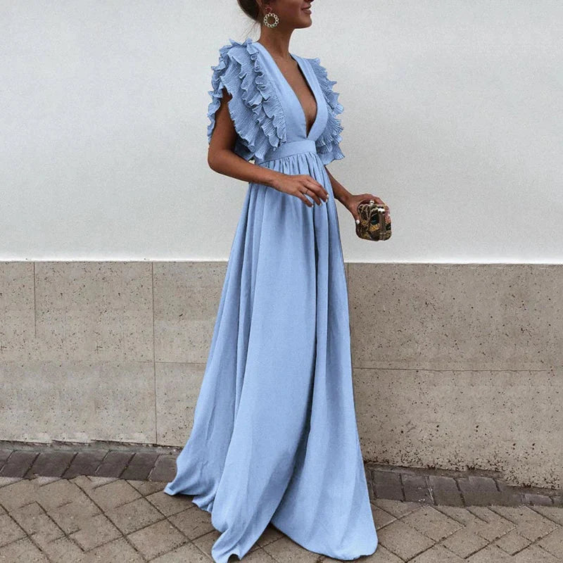 Arielle – Ruffle Sleeve Maxi Dress with Deep V-Neckline and Empire Waist